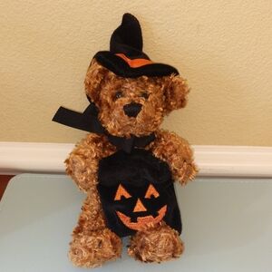 Small Curly Hair Seated Plush Bear Jack-o'-lantern Treat Bag Witch Hat Black Bow